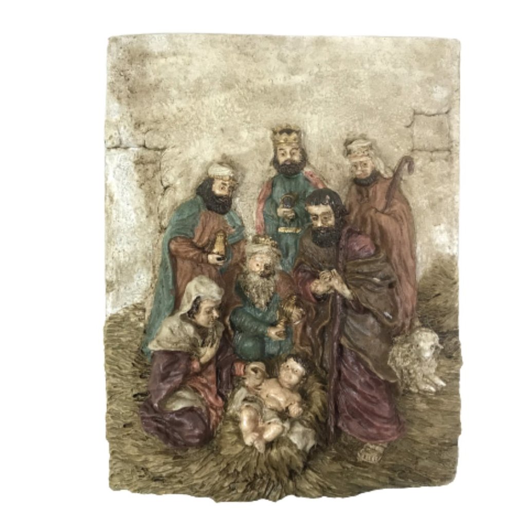 Cold Cast Nativity Sculpture Christmas Wall Plaque Vintage 90s